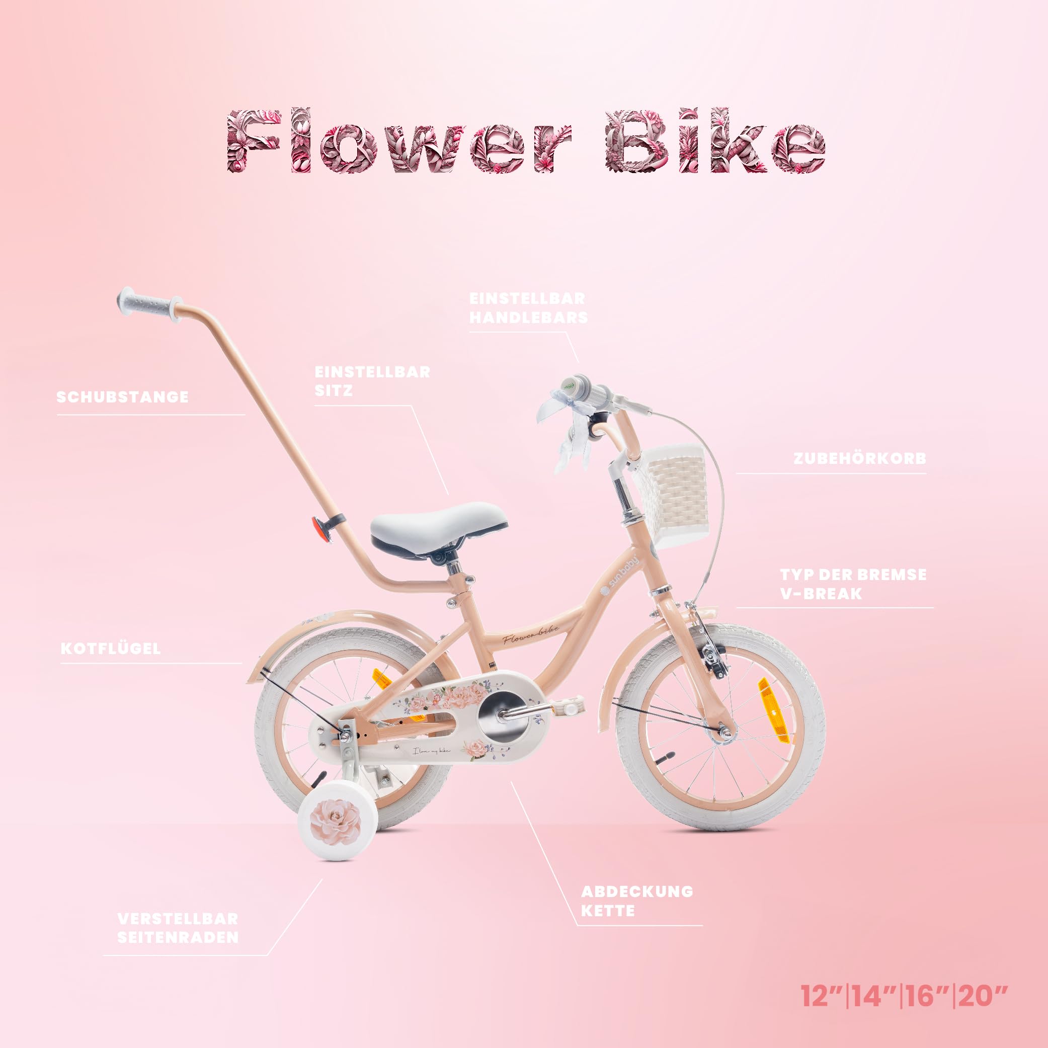 sun baby Flower Bike Kinderfahrrad Mädchen 12/14/16 Zoll, mit Stützrädern, Abnehmbarer Schubstange, Korb, Klingel, Rücktrittbremse & V-Brake, für Kinder ab 2 Jahre