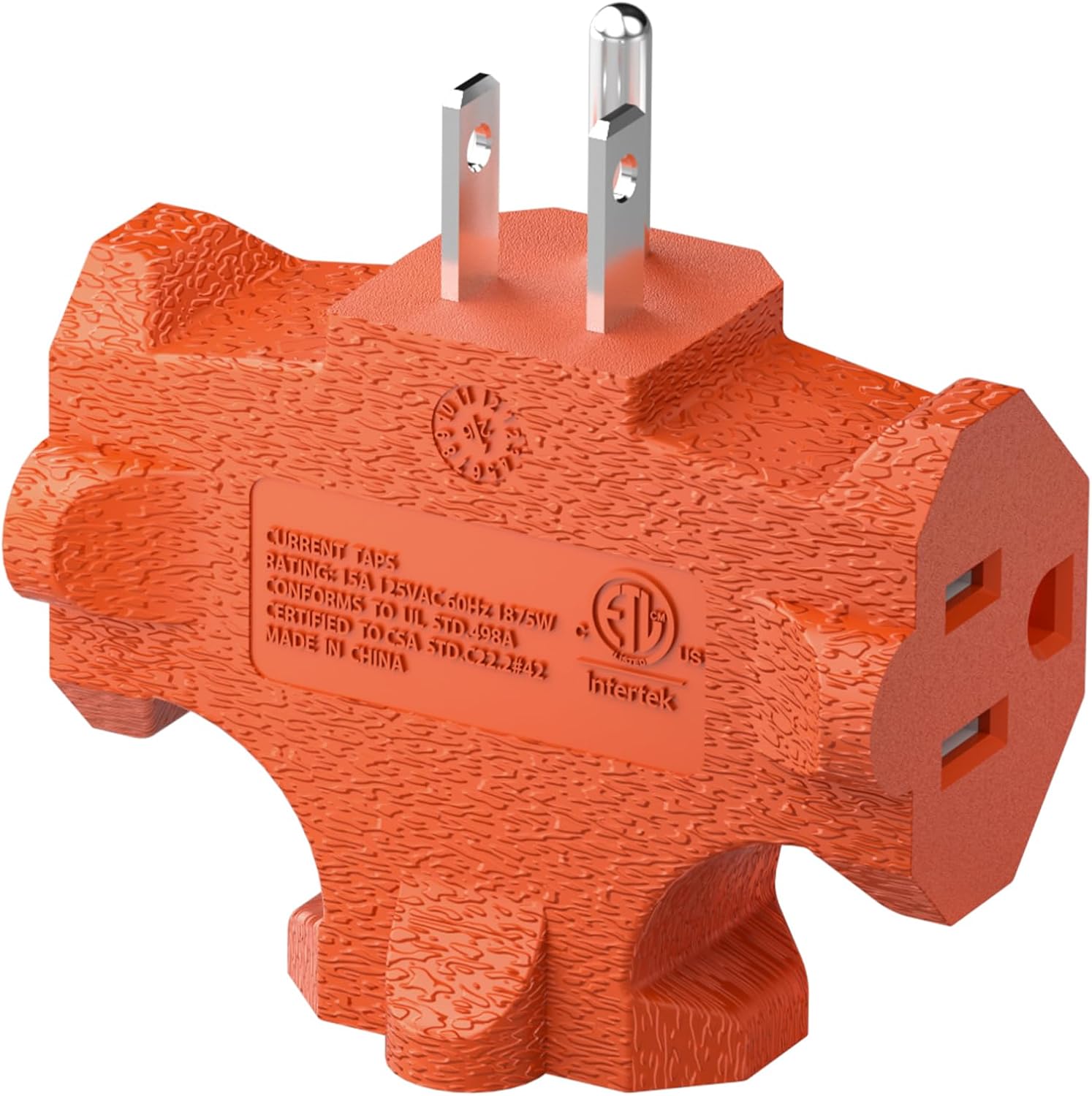 3 Way Plug Adapter 1 Pack, 3 Prong Grounding Outlets Splitter, Triple Outlet in T Direction, 15A 125V 1875W, 3 Way Electrical Multiple Plug Adapter for Home, Office or Travel, ETL Listed, Orange