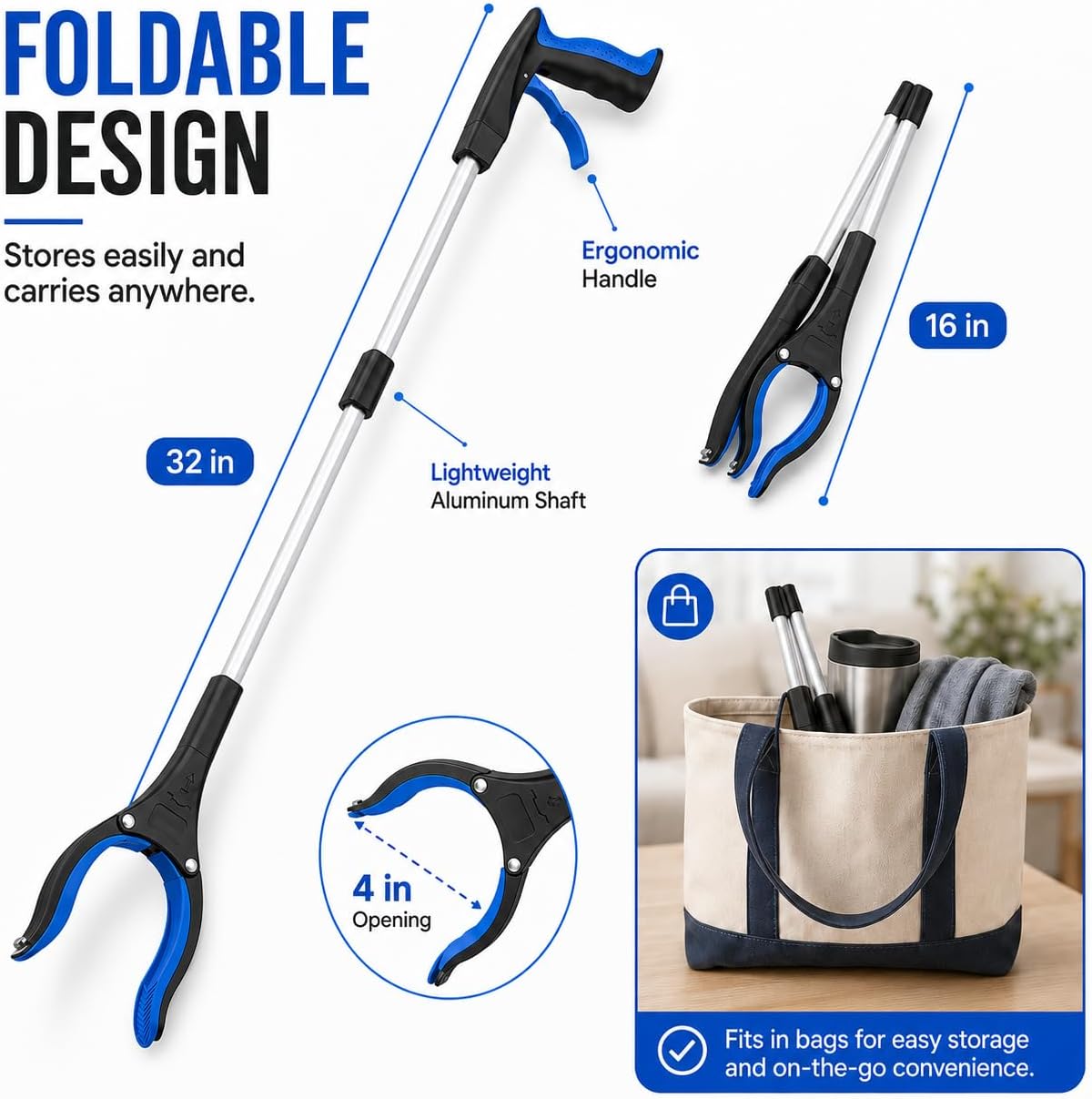 Grabber Reacher Tool, 32" Grabbers for Seniors, Trash Picker | Blue image 5