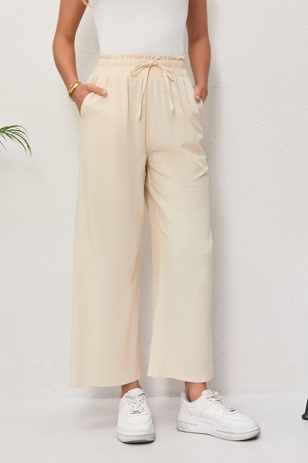Women's Linen Pants Relaxed Fit High Waisted Boho Chic Ankle Pants Summer Beach Vacation Wide Leg Trousers