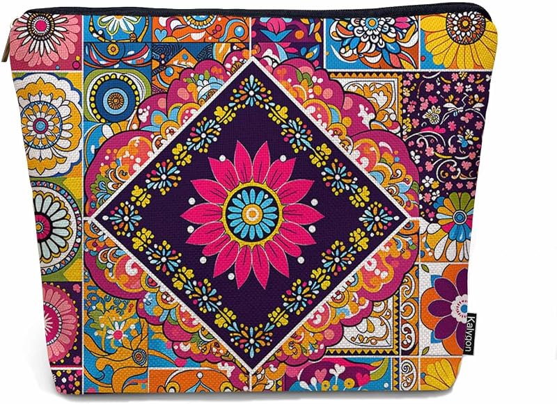 Necessaire de maquiagem Kalygon Mandala Floral em linho, com zíper
