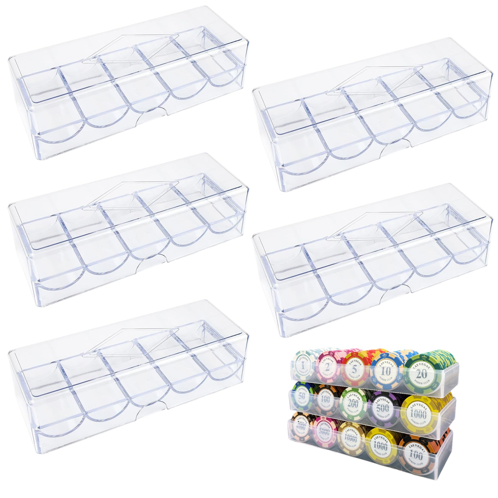 Jorzer Coffret à jetons de Poker, Plateau en Plastique Transparent avec Couvercle, 5 pièces, présentoir de Rangement Multi-usages pour Jeux Hasard, fêtes ou Maison