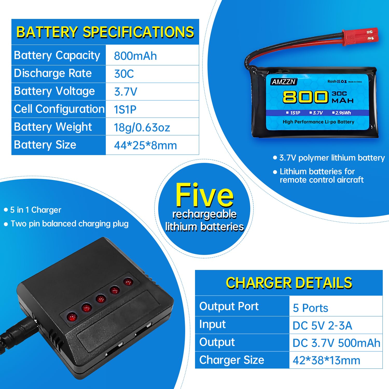 5PCS 3.7V 800mAh 30C JST plug Lipo batteria con caricabatterie 5-in-1 per SYMA X56W MJX X400W X300C X800 HS110 HS200 S670 V950hd S1750 V2450 quadcopter telecomandato