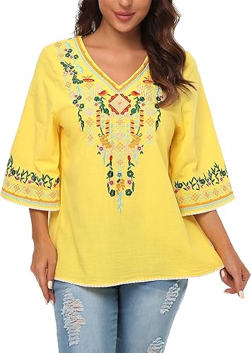 Miniatura 3 de YZXDORWJ Blusa campesina mexicana bordada con cuello en V para mujer