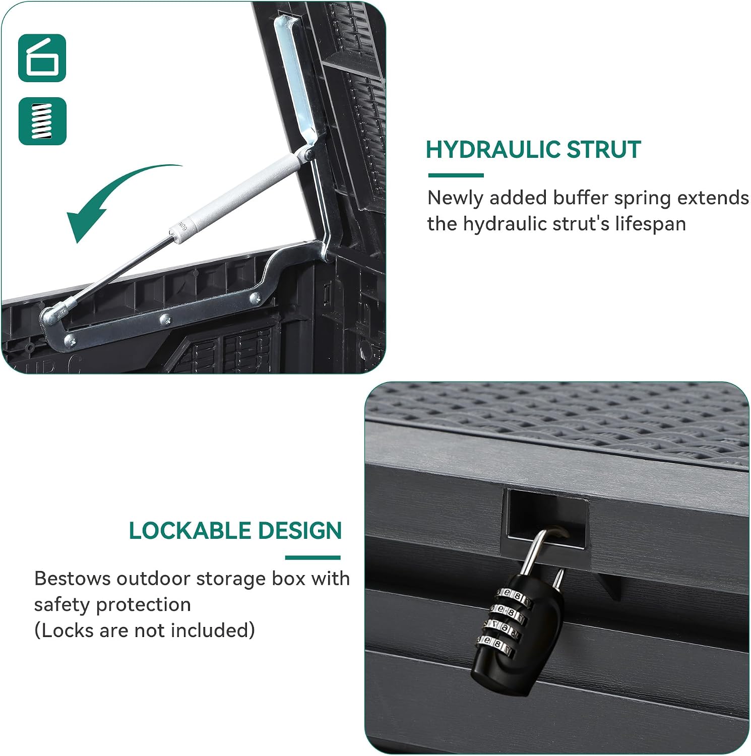 Close-up of the hydraulic strut mechanism on the YITAHOME deck box lid.