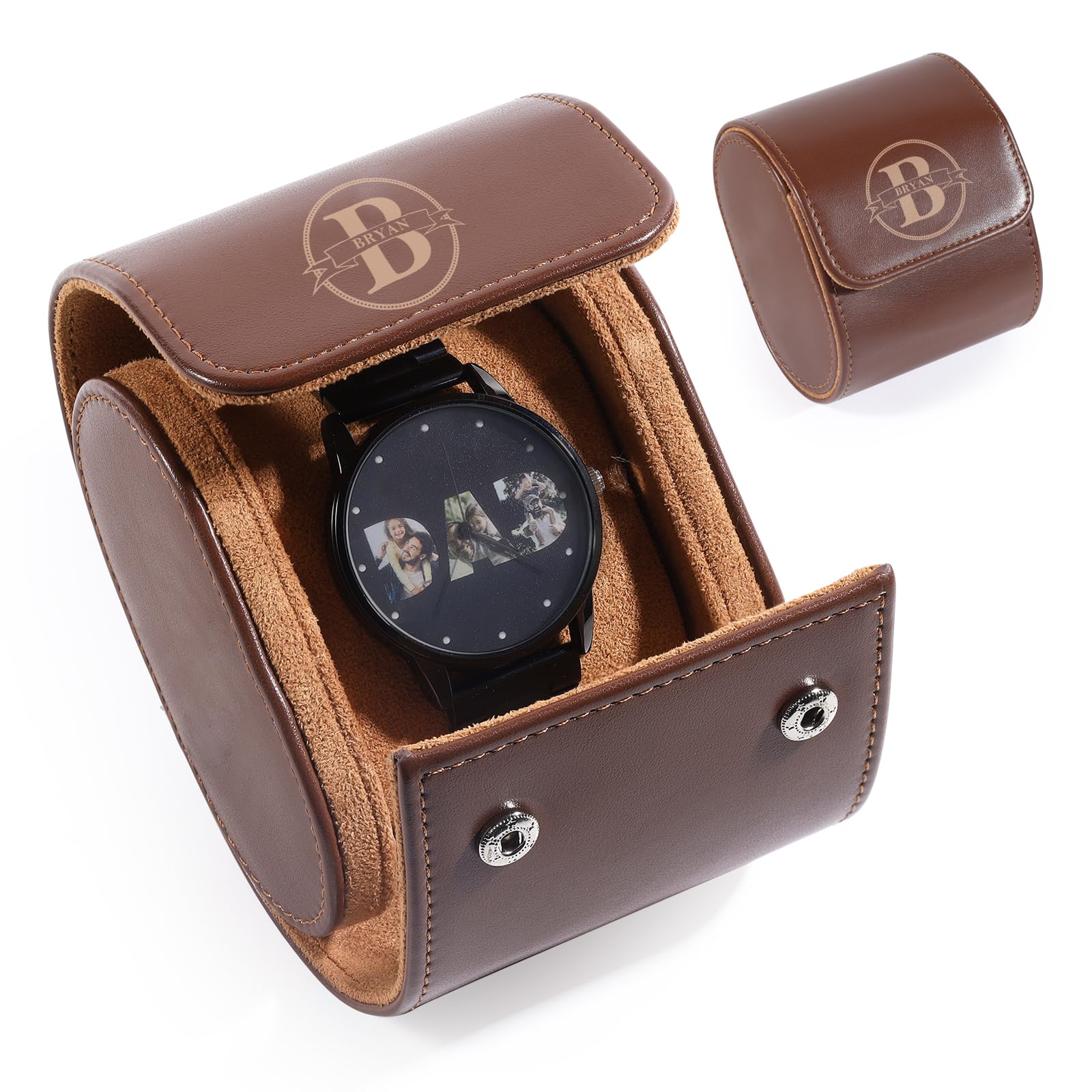 Rayiant Personalized Leather Watch Case, Custom Name Watch Box for Men Women, Portable Watch Box, Christmas for Him Her (Brown, Letter Name)