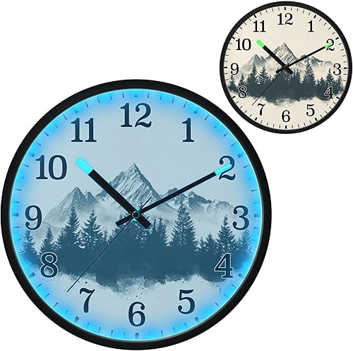 JUNZAN Luminous Voice-Activated Round Wall Clock 12 Inch Vintage Design Mountain Simple Battery Operated Silent Non-Ticking Wallclock for Office
