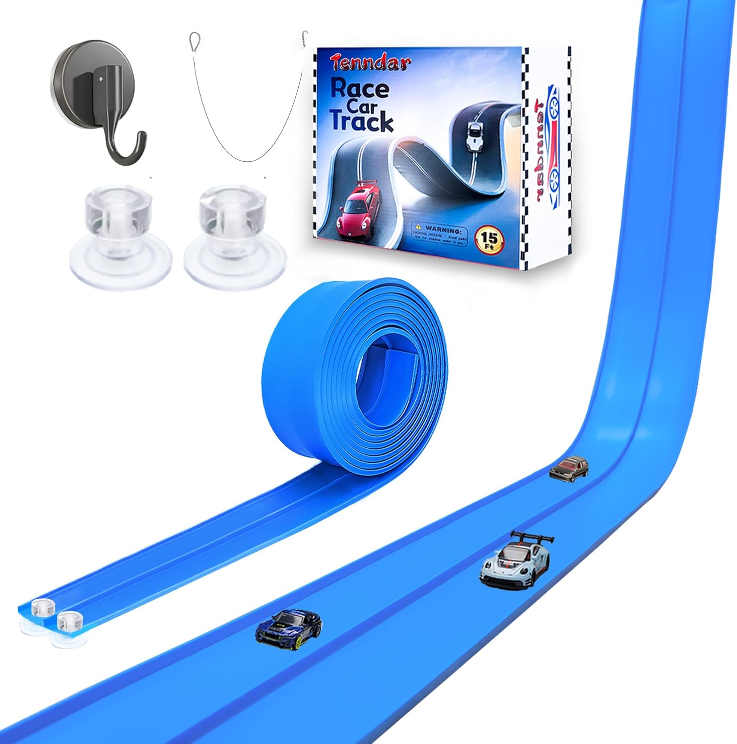 Flex Track 15 Ft Starter Set – Flexible Race Car Ramp Track for Kids, Double-Sided Racetrack for 1:64 Diecast Cars and Similar Toy Cars, Ages 3 & Up with Suction Cups，Blue