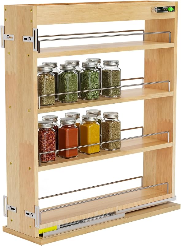 Pull Out Spice Rack Organizer for Cabinet, 5" W x 22.3" D x 25.2" H Multi-Use Solid Wood Slide Out Shelf for Kitchen Cabinet, Sliding Spice Rack for Cans & Jars, Pantry Organization