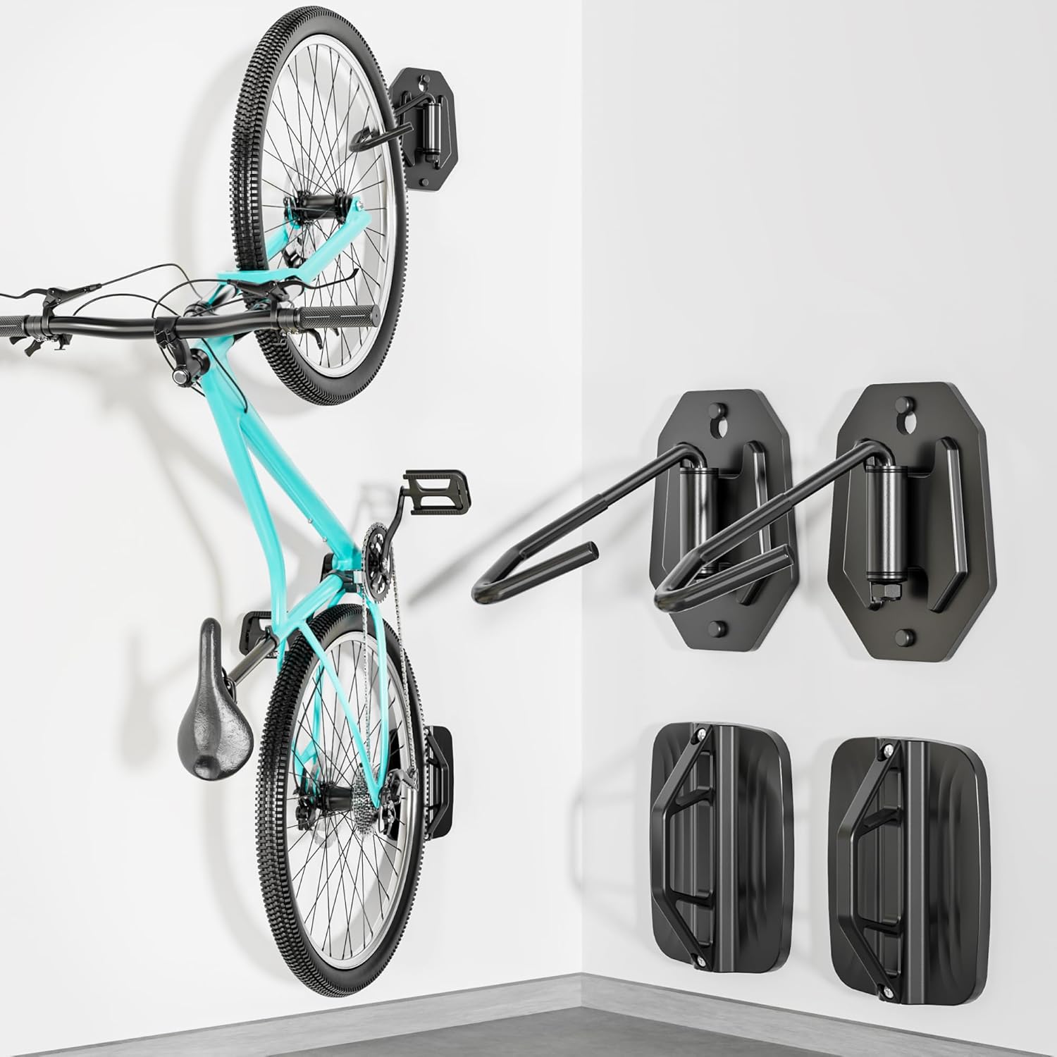 PEGZONE Swivel Bike Wall Mount, Heavy Duty Vertical Bike Rack with Fixed Hooks for Garage Storage, Wall Mounted Bicycle Hangers Holds up to 77 lbs for Indoor, 2 Pack