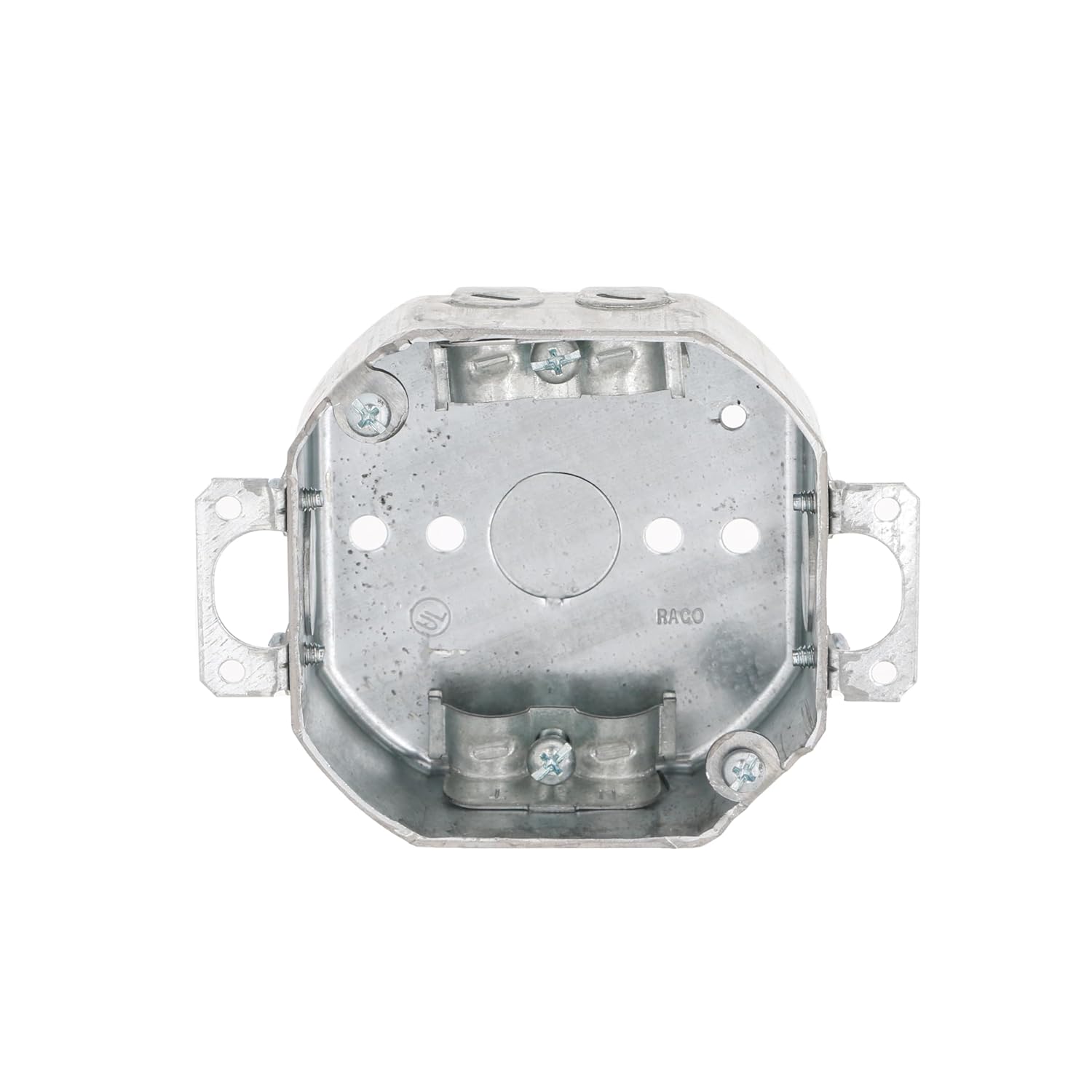 RACO 150 1-1/2-Inch Deep Octagon Electrical Box with (2) 1/2-Inch Side Knockouts, Plaster Ears and (4) NMSC Cable Clamps, 4-Inch