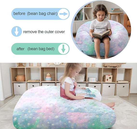 COMAX Bean Bag Chairs for Kids, 3-in-1 Convertible Kids Bean Bag Bed | Convertible Toddler Beanbag Chair Couch with Filler Included, Glow-in-the-Dark Children Bean Sofa for Boys and Girls