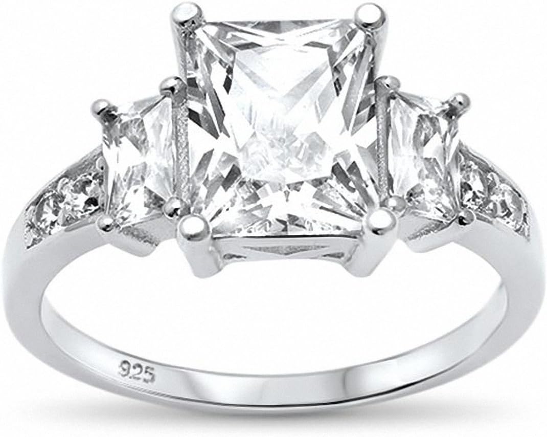 Blue Apple Co. 3 Stone Ring Radiant Cut RoundCubic Zirconia 925 Sterling Silver Choose Color