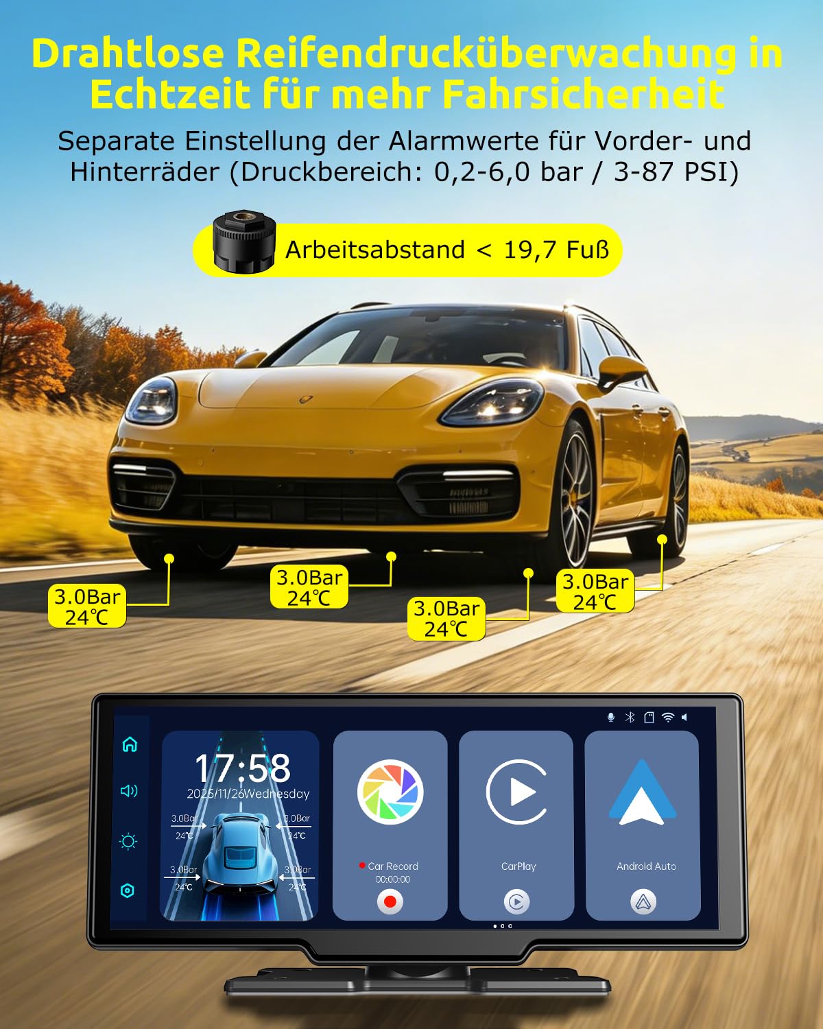 ESSGOO 10.26 Zoll Kabelloses CarPlay Display mit 4K Dashcam,1080P Rückfahrkamera & 4 Reifendruckkontrollgeräte Drahtlos CarPlay & Android Auto,Bluetooth 5.3,Mirror Link,GPS,FM,Sprachsteuerung,64GB TF