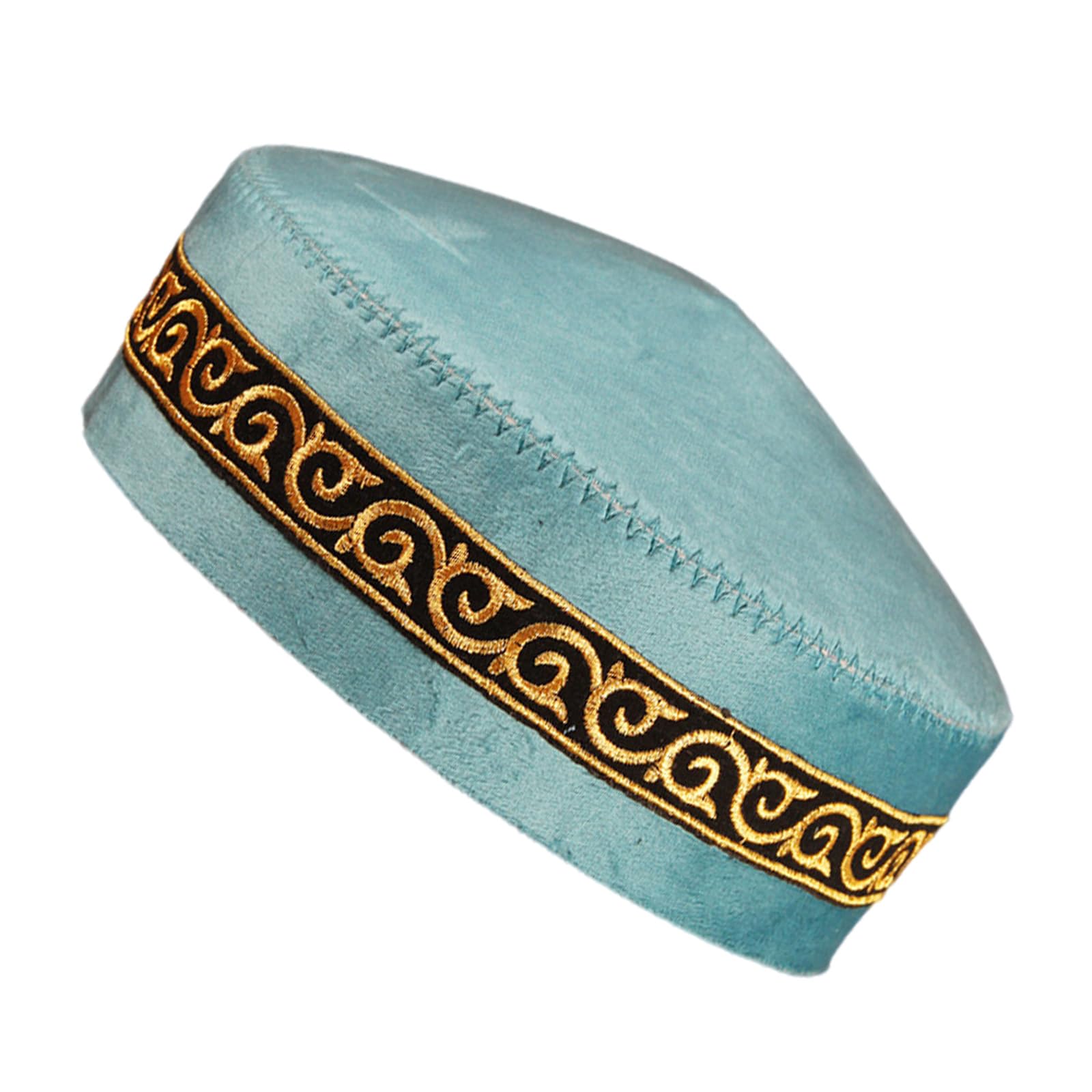 CAZSTYK Blue Skull Caps Soft Polyester Religious Ceremony Cultural Embroidered Headwear Stage Costume Ethnic Headwear