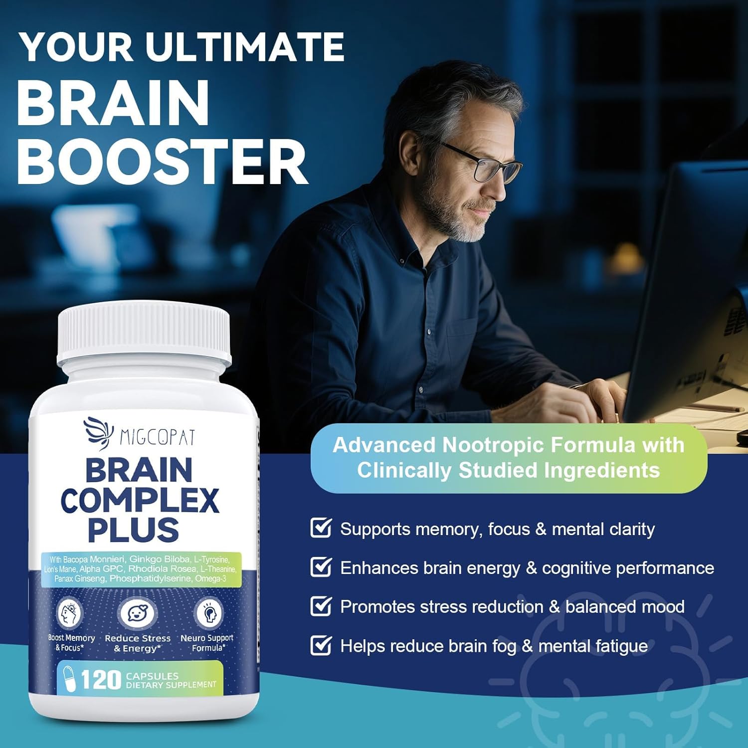 Brain Supplements for Memory and Focus | Nootropic with Bacopa Monnieri, Lion's Mane, Alpha GPC, Ginkgo Biloba | Mental Clarity & Cognitive Support | Vitamin B6 & B12 Neuro Health - Non-GMO, 120 Caps - Image 3