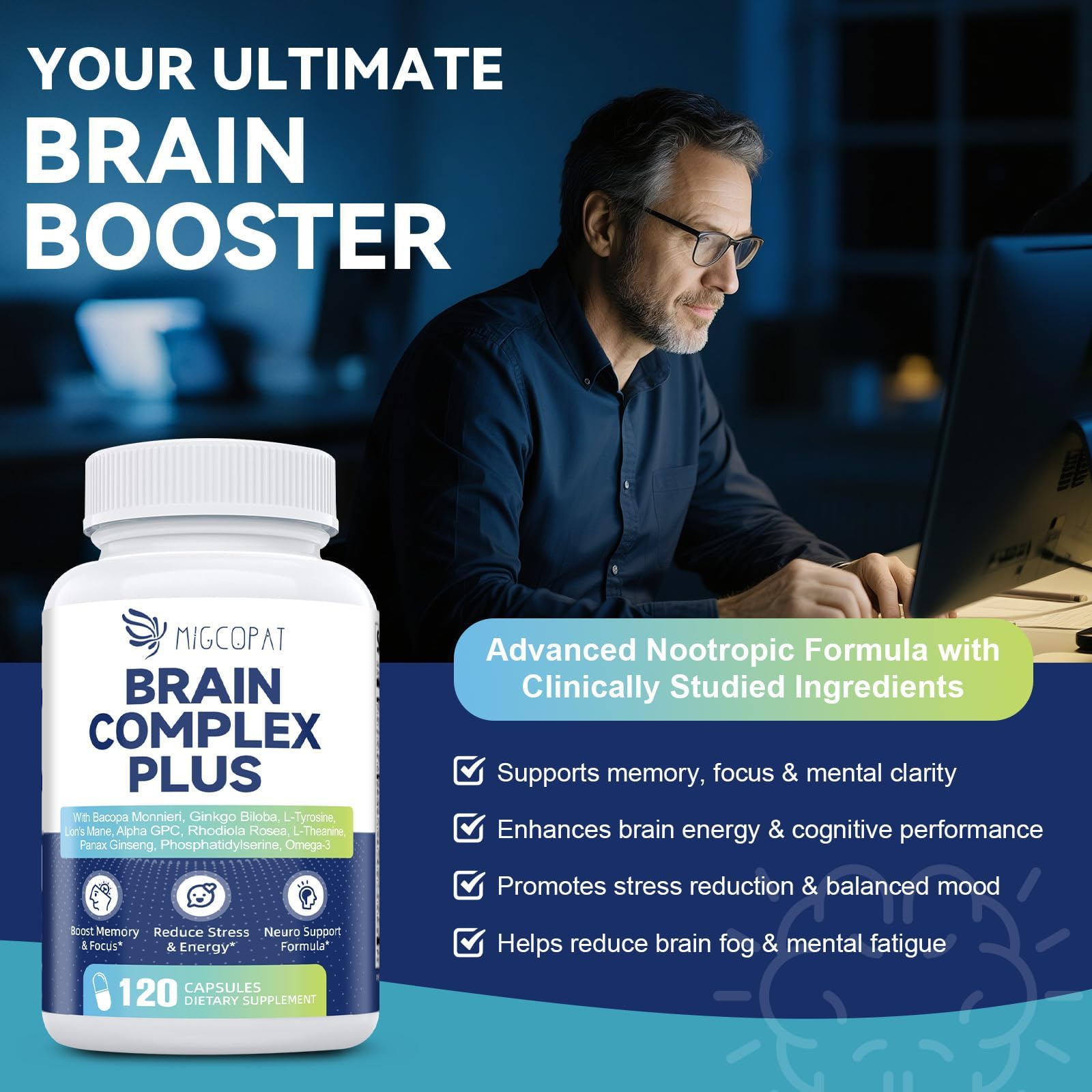 Brain Supplements for Memory and Focus | Nootropic with Bacopa Monnieri, Lion's Mane, Alpha GPC, Ginkgo Biloba | Mental Clarity & Cognitive Support | Vitamin B6 & B12 Neuro Health - Non-GMO, 120 Caps — Amazon image 3
