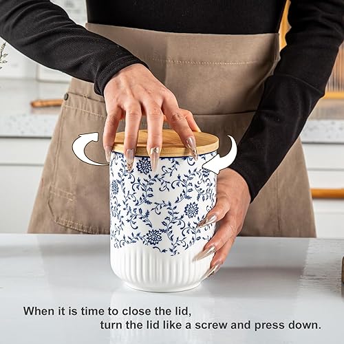 Miniatura 5 de Juego de recipientes para cocina, recipientes de cocina de cerámica para encimera con tapas de madera herméticas, recipientes de harina y azúcar