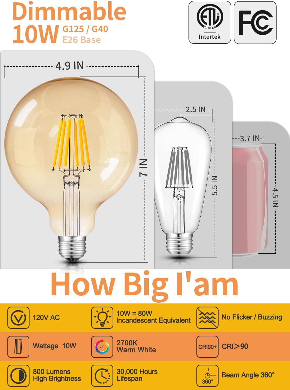 CRLight 10W Antique Dimmable LED Bulb - 80W Equivalent, 800LM G125 Large Globe Light - 2700K Amber Glow, E26 G40 Incandescent Replacement, 5 Inch Oversize Edison Filament Style with Smooth Dimming