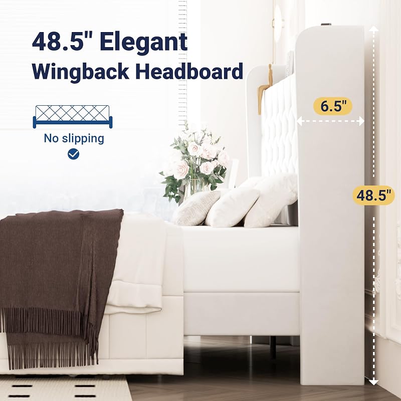 Allewie Queen Bed Frame, Storage Headboard & Charging Station, White | Velvet Upholstered Platform Bed with Button Tufted Wingback Headboard, No Box Spring Needed, Noise-Free, Easy Assembly image 6