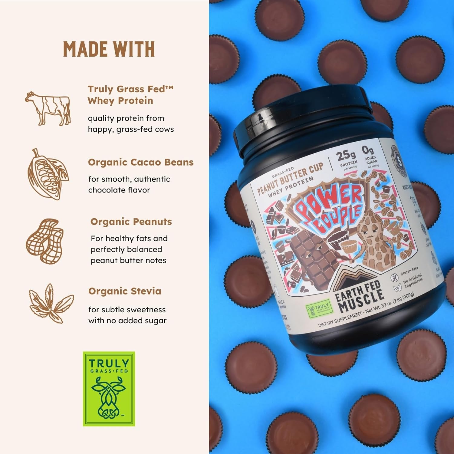 Earth Fed Muscle Power Couple Peanut Butter Chocolate Truly Grass Fed Whey Protein Isolate - Third-Party Certified. No Artificial Ingredients, Soy Free, Gluten Free, Hormone Free 26 Servings