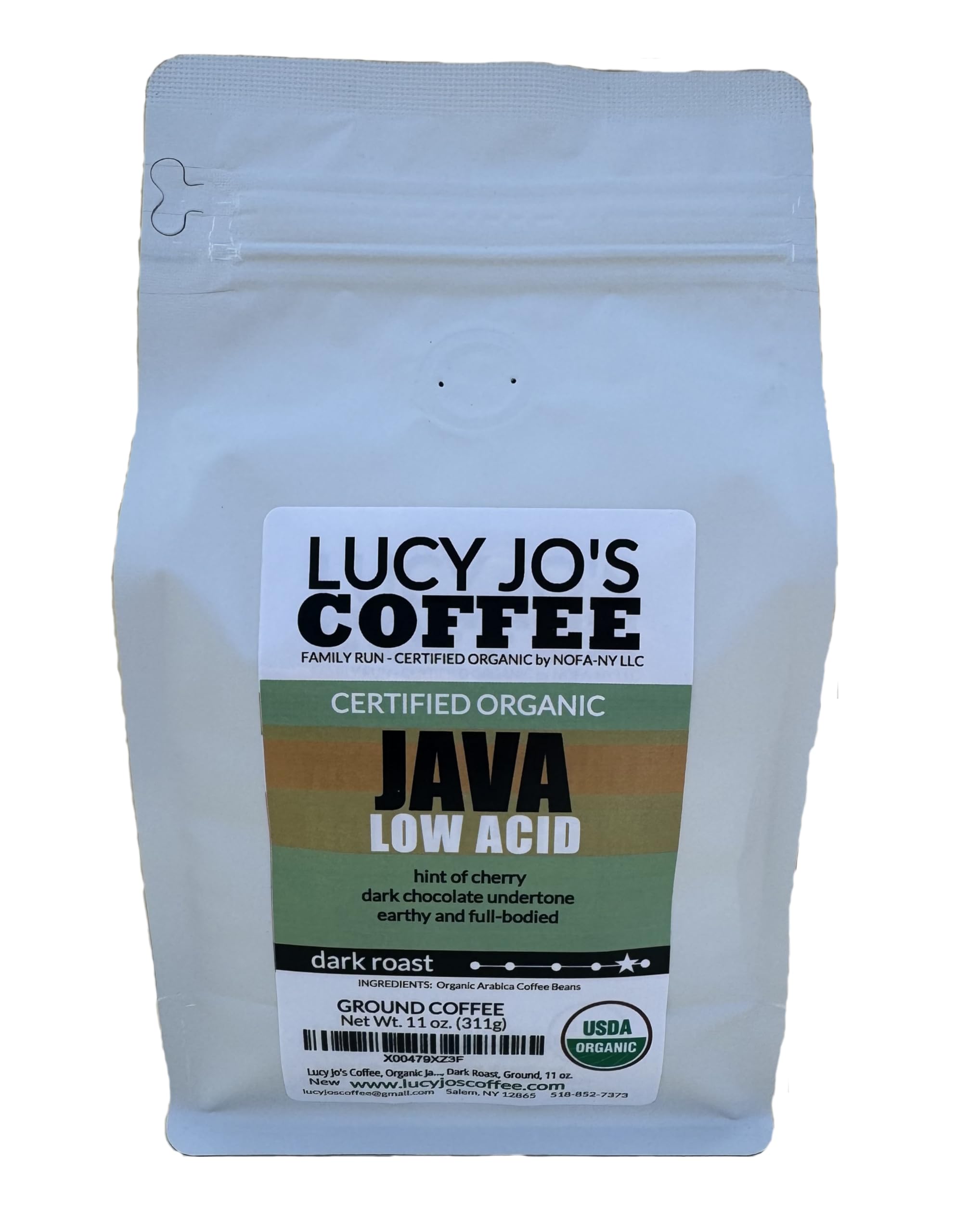 Lucy Jo's Coffee, Organic Java, Low Acid, Dark Roast, Ground, 11 oz.