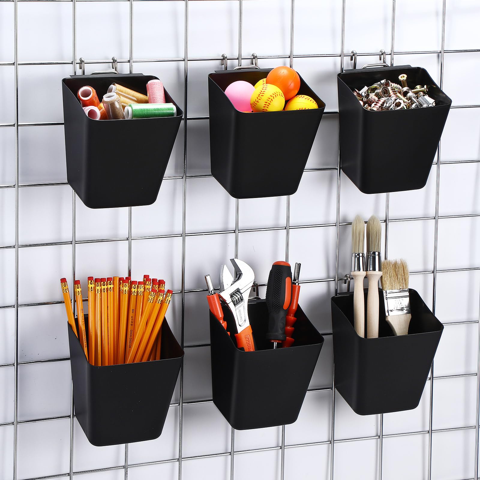 LOYIM 6 Pack Large Gridwall Cups Gridwall Storage Bin with Hooks Hanging Baskets Square Box Shape Hanging Cup Holder Gridwall Accessories for Garage