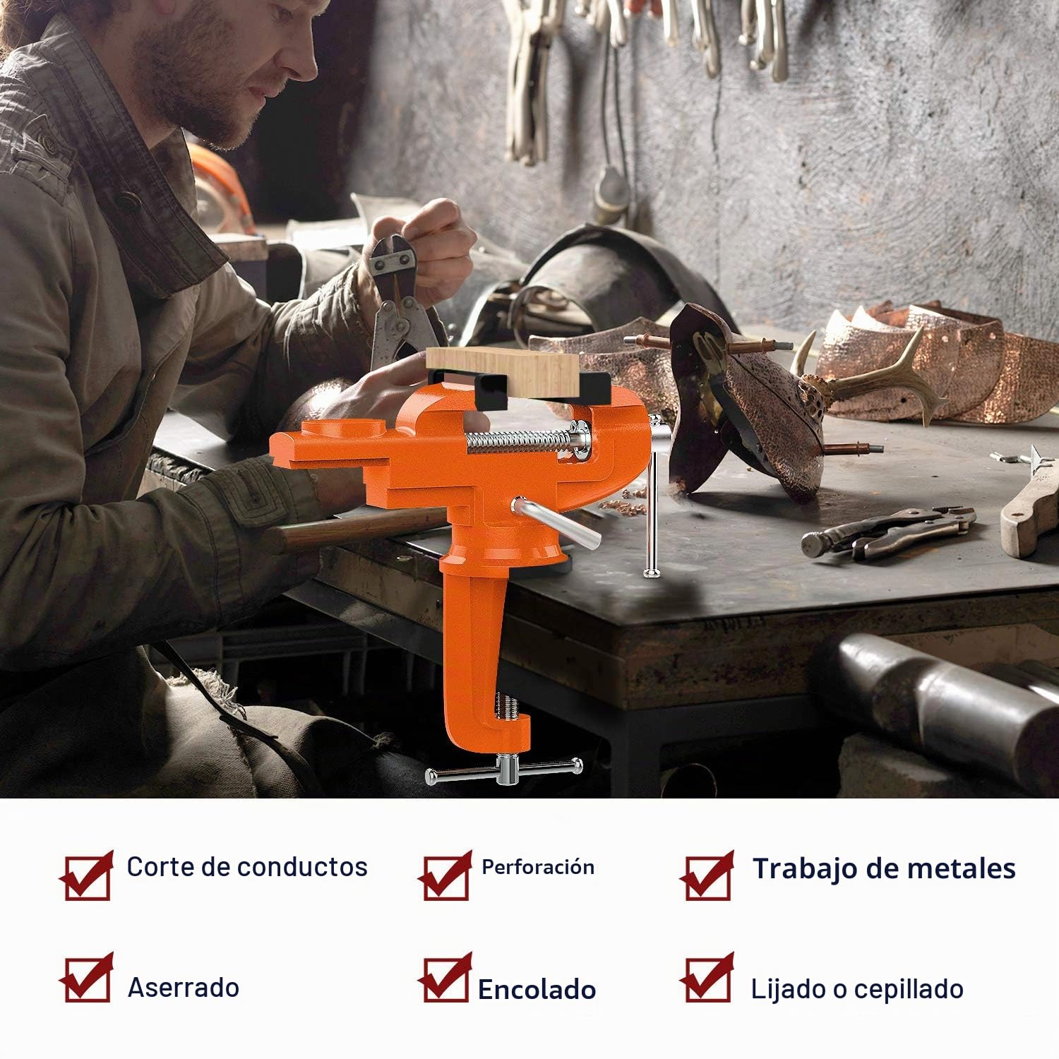 Nuovoware Tornillo de Banco de Trabajo, 70mm Tornillo de Sujeción Pesada Universal de Precisión con 360° Base Giratoria, Abrazadera de Banco para Carpintería Metalurgia Conducto de Corte - Naranja