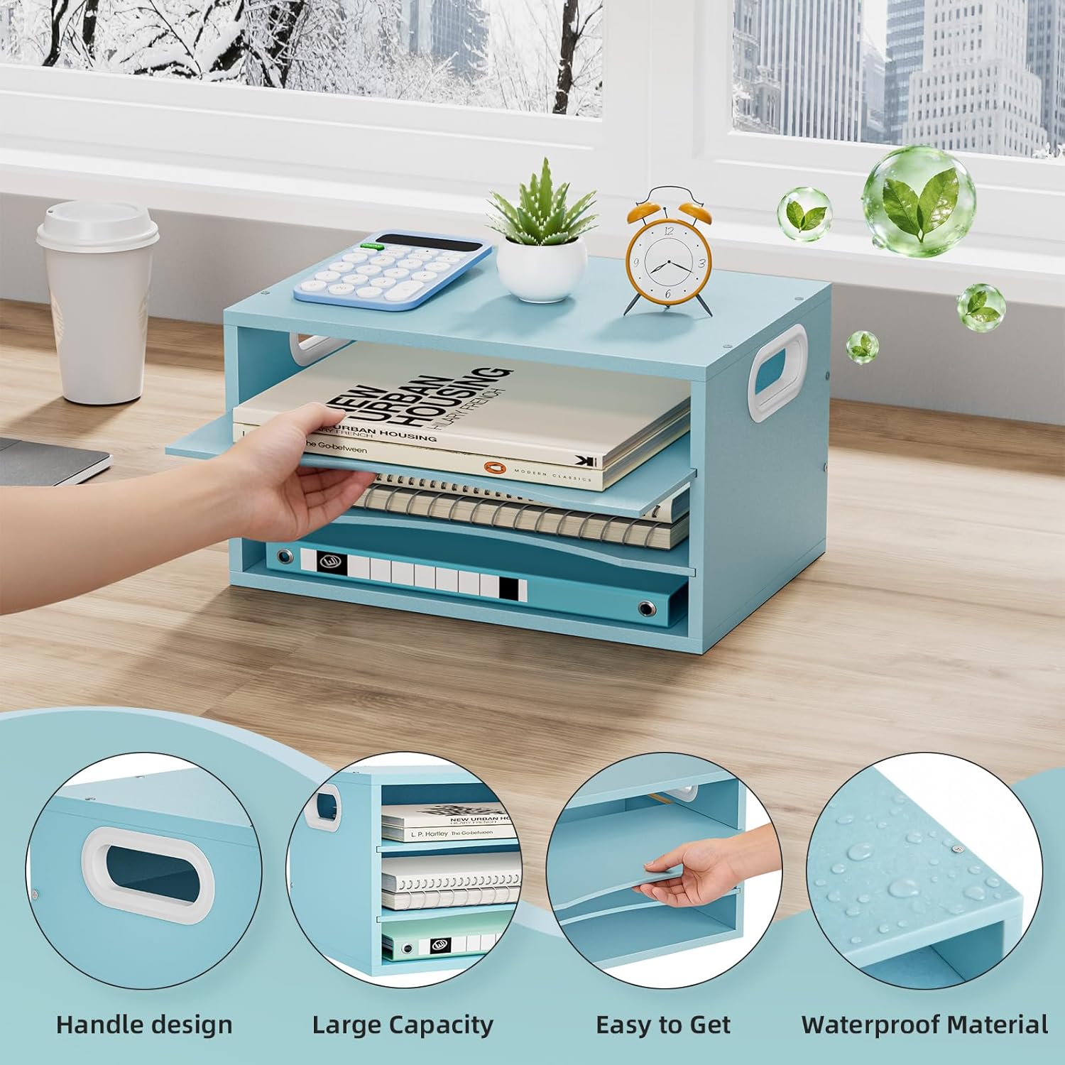 Marbrasse 3-Tier Wood Desk Organizer, Paper Letter Tray Organizer for Desk, Wooden Desktop File Organizer with Handle and Paper Sorter Mail Holder for Office School & Home Supplies Organization-Blue