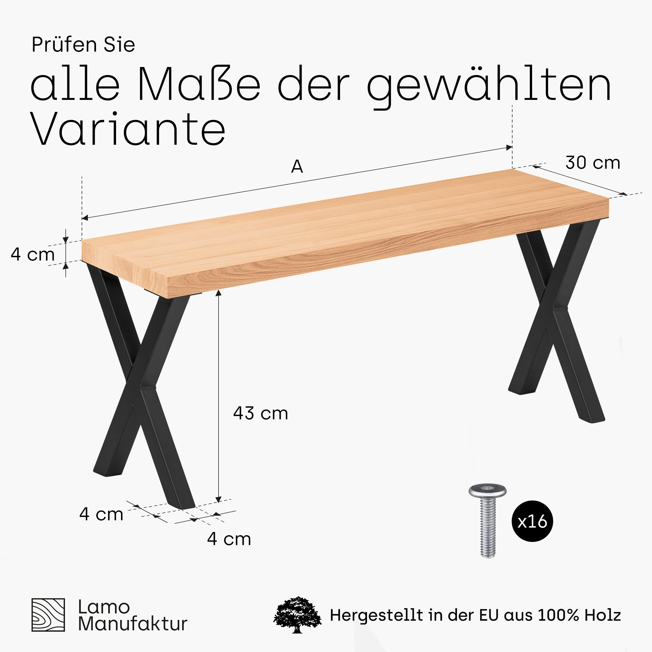 LAMO Manufaktur Sitzbank Esszimmer Holzbank 30x140x47cm, Möbelfüße Design Schwarz/Natur