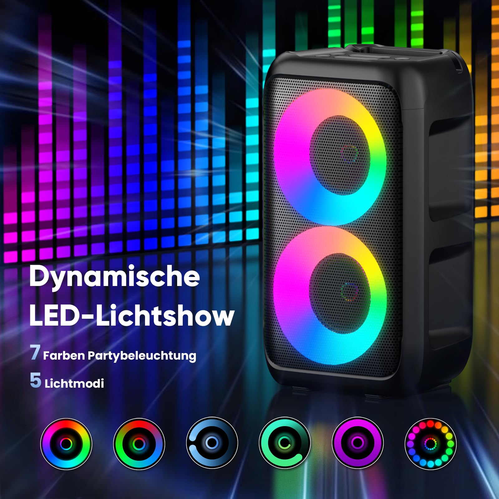 Musikbox Bluetooth Groß mit 2 Mikrofonen, tragbarer 3-in-1 Bluetooth Lautsprecher, Partybox Bluetooth mit Licht, Party-Lautsprecher Outdoor Indoor, Außenlautsprecher für TV, Smartphone und Tablet