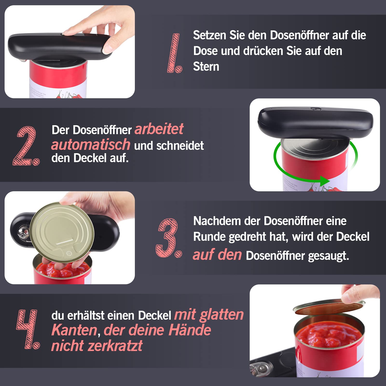 Elektryczny Otwieracz Do Słoików, [Możliwością Ponownego Ładowania] Homtronics Automatyczny Otwieracz Do Puszek, Nadaje Się Do Wszystkich Rozmiarów Puszek, dla Kucharzy, Seniorów, Młodzieży (Czarny)