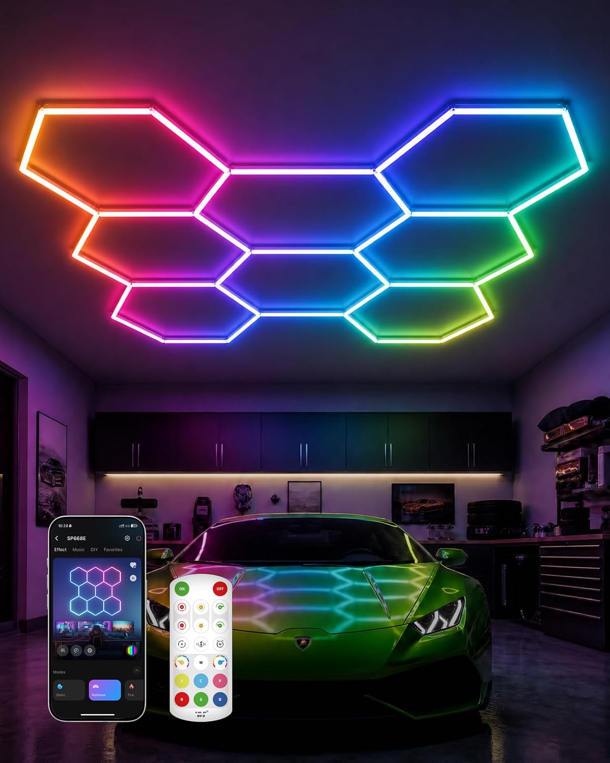 Hexagon Garage Lights, 8-Hex RGB, DIY Lighting Effects, Music Sync