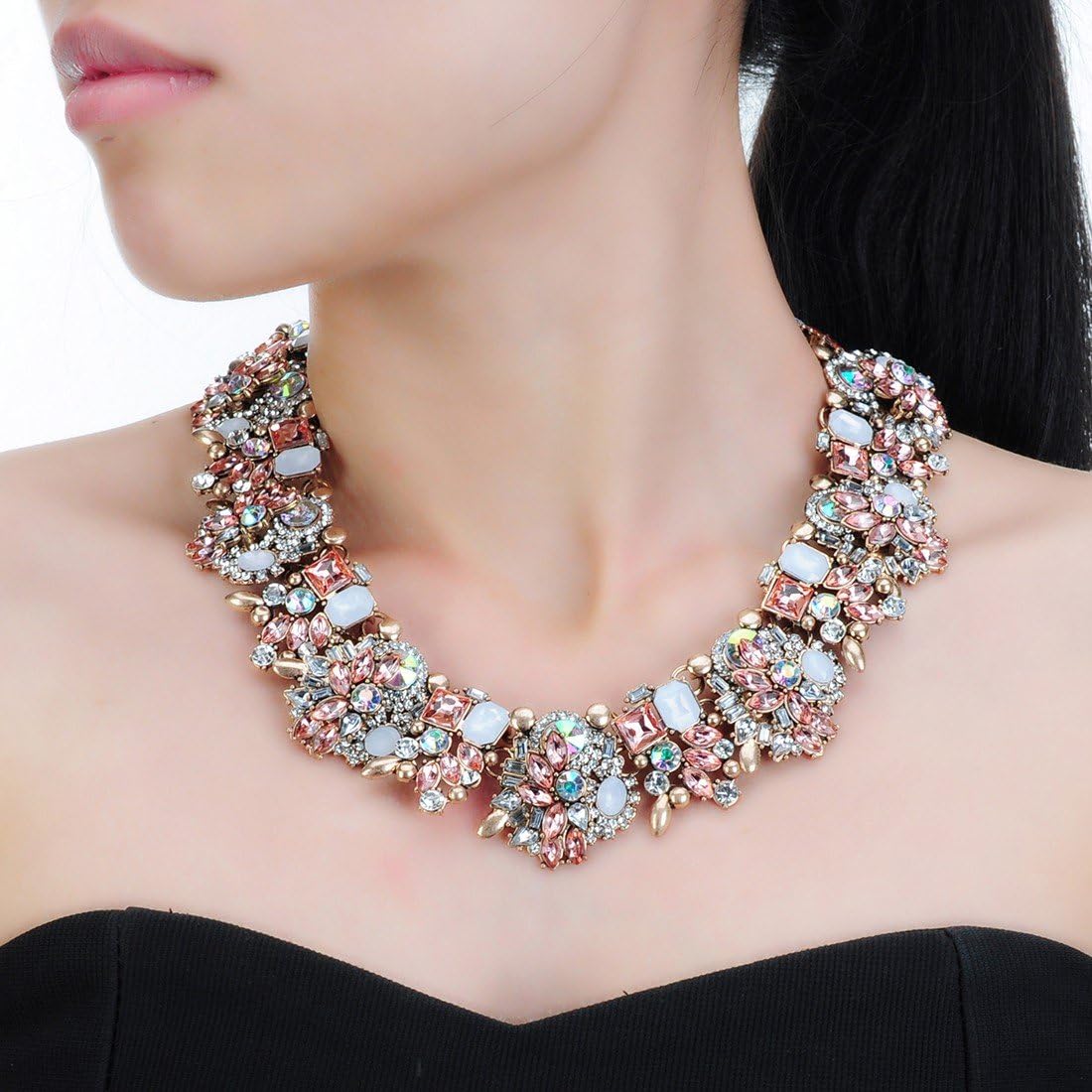 Crystal Rhinestone Statement Necklace, Vintage Chunky Chain Choker Collar Bib Statement Necklace Fashion Costume Jewelry Necklaces for Women