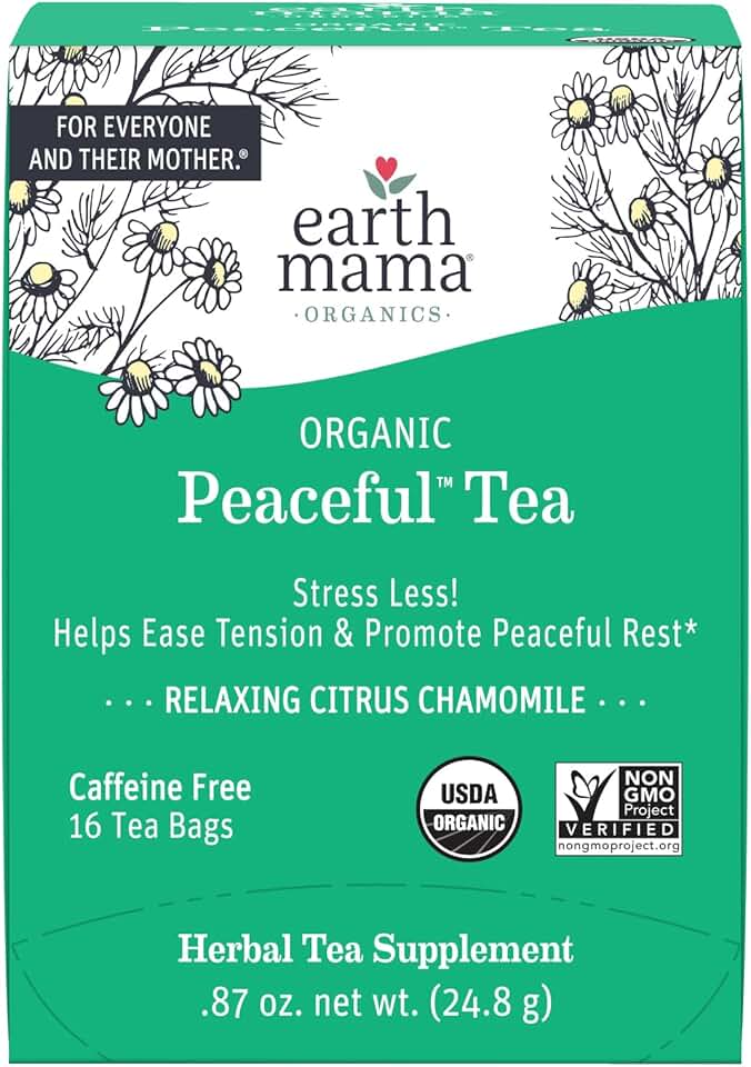 Earth Mama Organic Peaceful™ Tea | Stress Less! Calming, Relaxing Herbal Blend Safe for Pregnancy & Beyond, 16 Teabags Per Box USDA Organic
