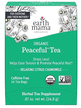 Earth Mama Organic PeacefulTM Tea | Stress Less! Calming, Relaxing Herbal Blend Safe for Pregnancy & Beyond, 16 Teabags Per Box