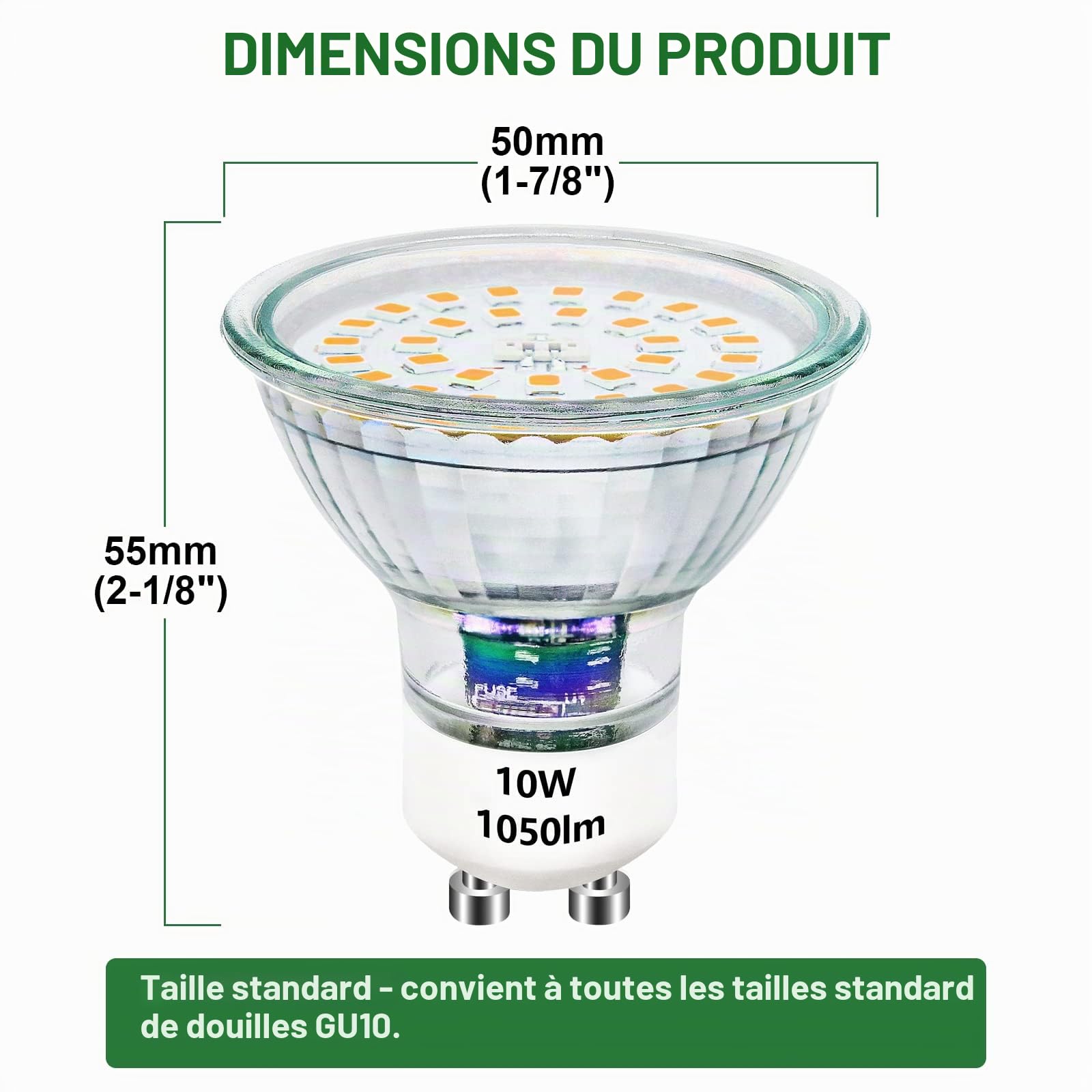 GU10 LED Blanc Chaud 10W Ampoules à Intensité Variable Remplace 100W Ampoules Halogènes Lumineux 1050LM 3000K Spot LED 230V Sans Scintillement, 10 pièces