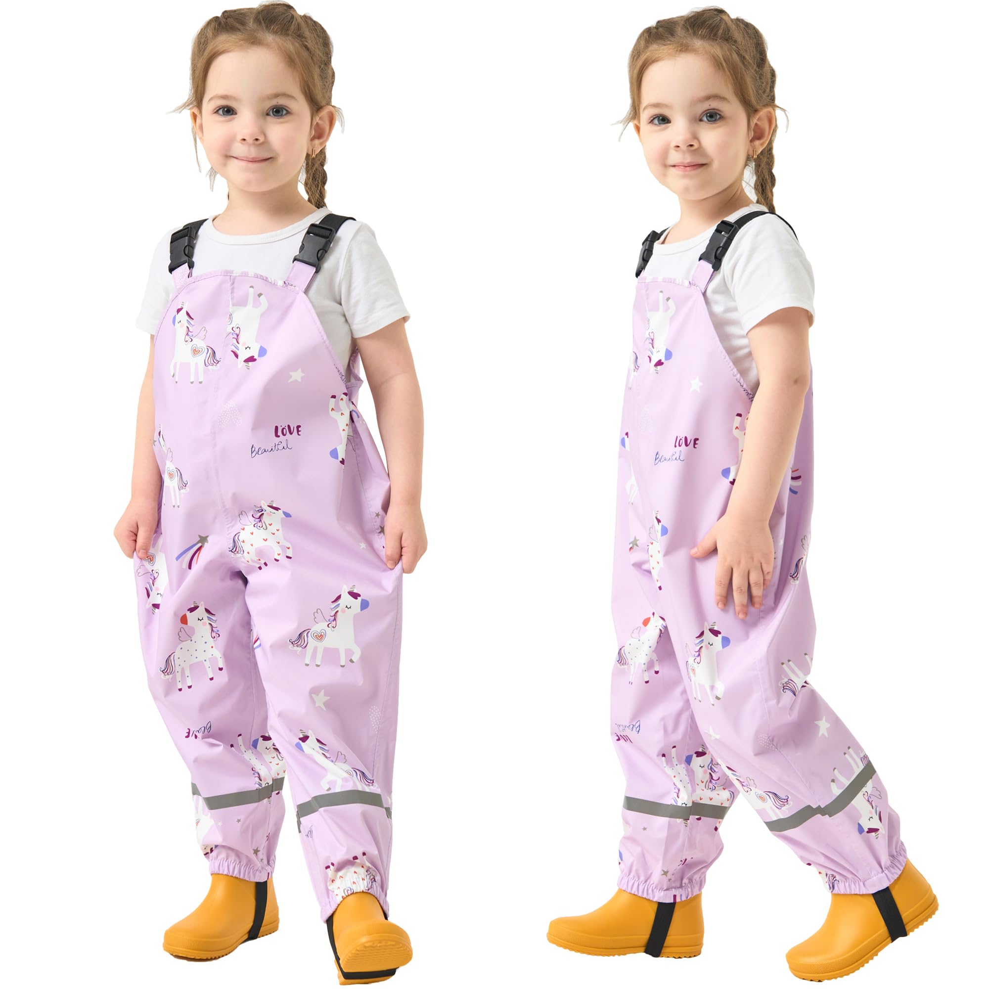 Fewlby Pantalon Impermeable Niñas, Pantalones Barro Peto de Lluvia Niños Mono Impermeable con Tiras Reflectantes Chubasquero Outdoor Traje Impermeable