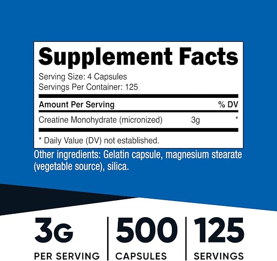 Nutricost Micronized Creatine Monohydrate (3,000mg) 500 Capsules | 125 Servings, 750mg Creatine Per Capsule