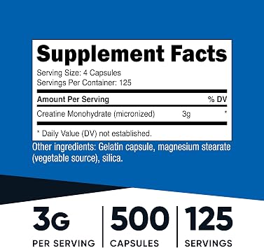 Nutricost Micronized Creatine Monohydrate (3,000mg) 500 Capsules | 125 Servings, 750mg Creatine Per Capsule