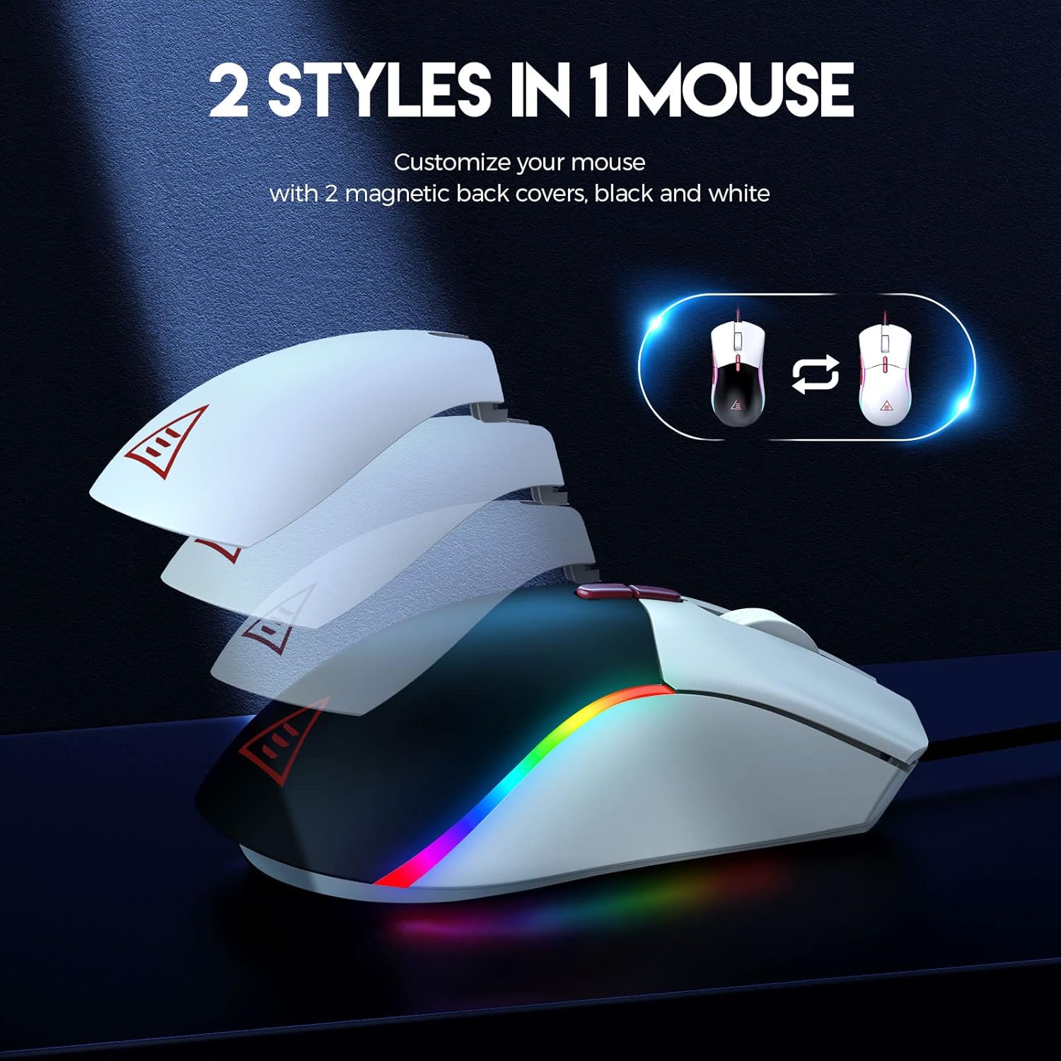 EKSA EM200 Gaming Mouse showing two interchangeable magnetic back covers