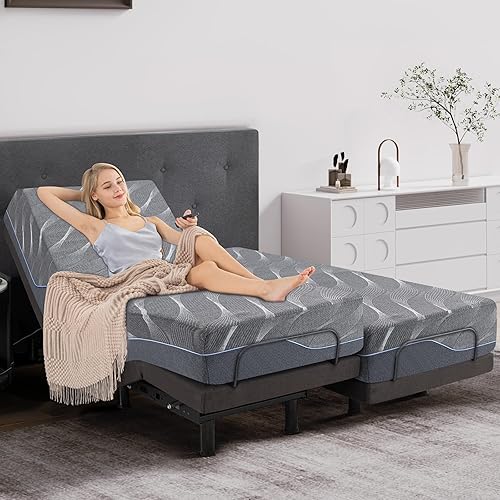 Split King Adjustable Bed Frame with Massage, 12 Inch Gray Gel Memory Foam Medium Firm Mattress in Box, Bed Base with Thickened Foam Frame, Adjustable legs, Voice control, Anti-Snore/0 Gravity