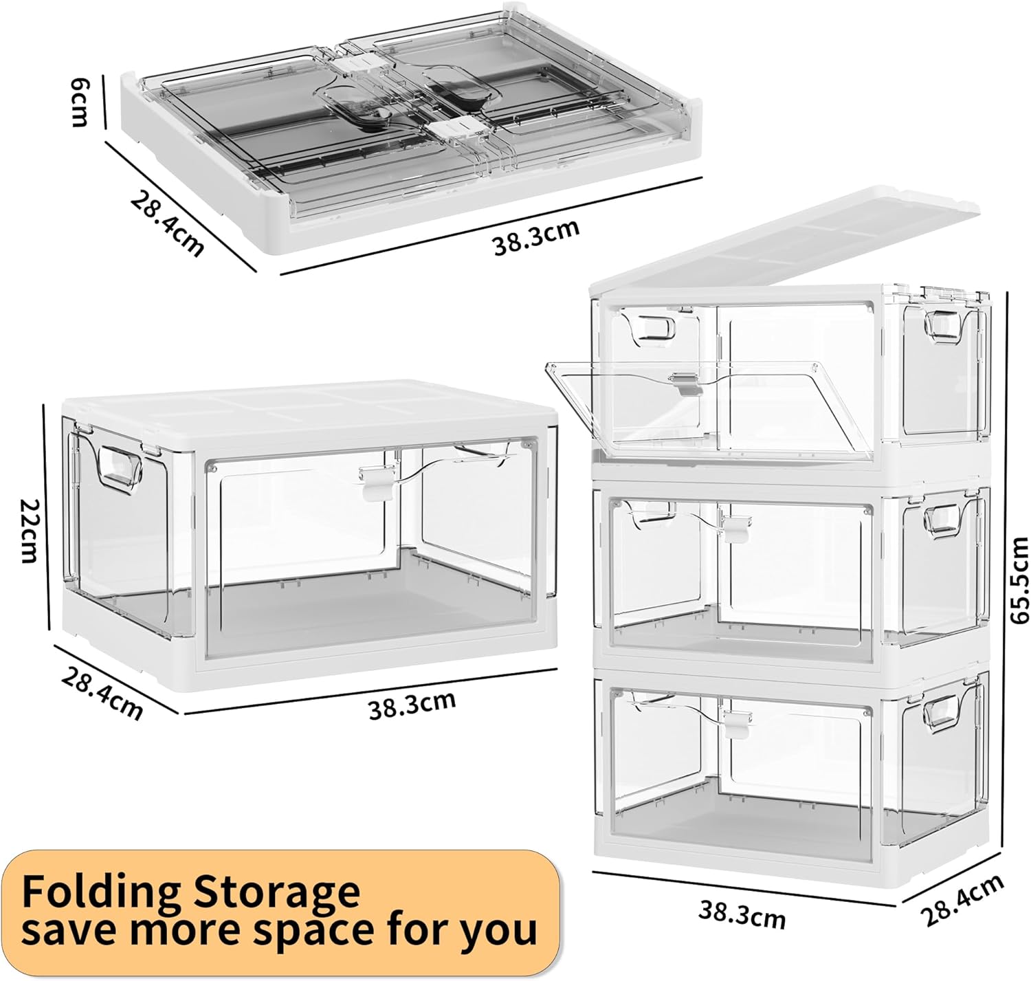 3-Pack 24 QT Clear Stackable Storage Bins with Lids & Magnetic Doors - Open Front Plastic Closet Organizers, Multifunctional Folding Storage for Bedrooms, Living Rooms, Study, and Kids' Toys - Image 3