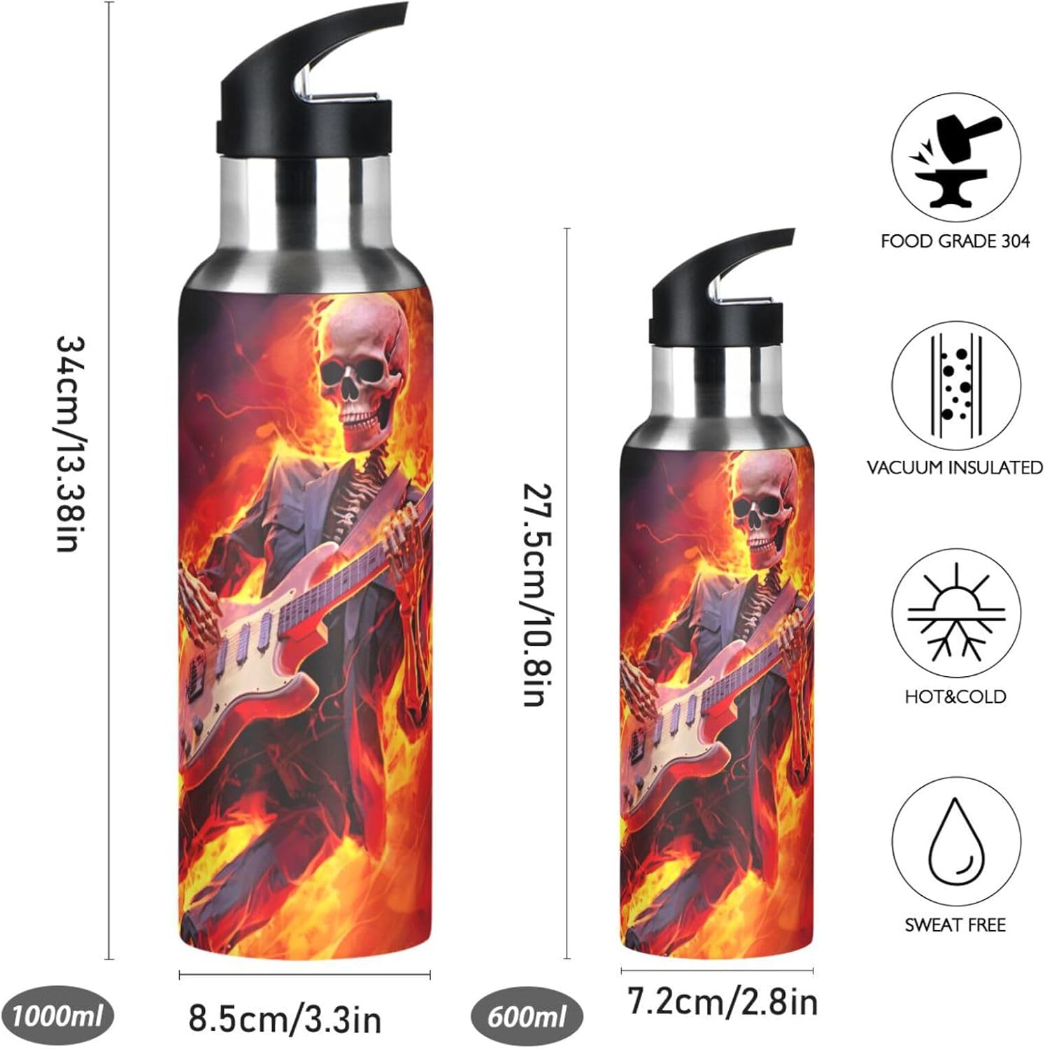 Burbuja Skeleton Play The Guitar Stainless Steel Water Bottle, Vacuum Insulated Water Bottles with Straw Lid for Sports, Gym, School - Leak & Sweat Proof, BPA Free, 32 oz