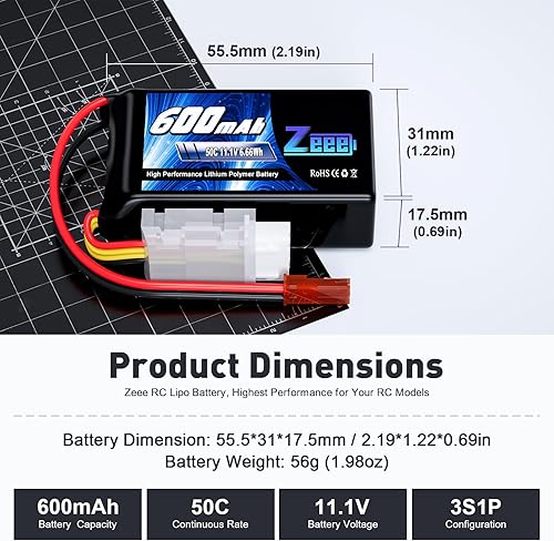 Miniatura 2 de Zeee 3S Lipo Batería 600mAh 11.1V 50C con enchufe JST para FPV Racing Drone Quadcopter Helicóptero Avión RC Barco RC Car RC Modelos (2 unidades)