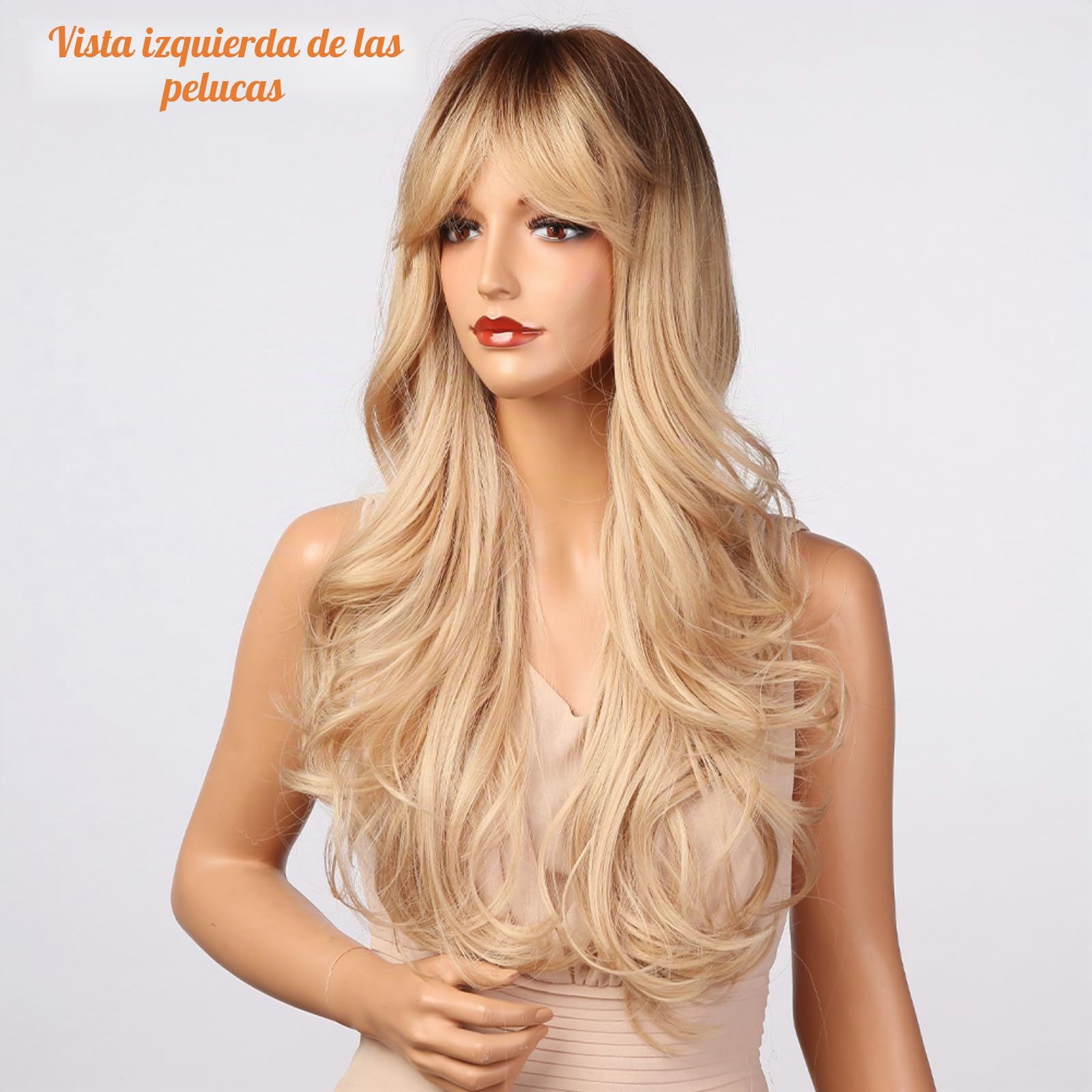 Peluca Rubia con Flequillo Cortina - Peluca Larga Ondulada para Mujeres, Cabello Sintético Resistente al Calor con Raíces Oscuras