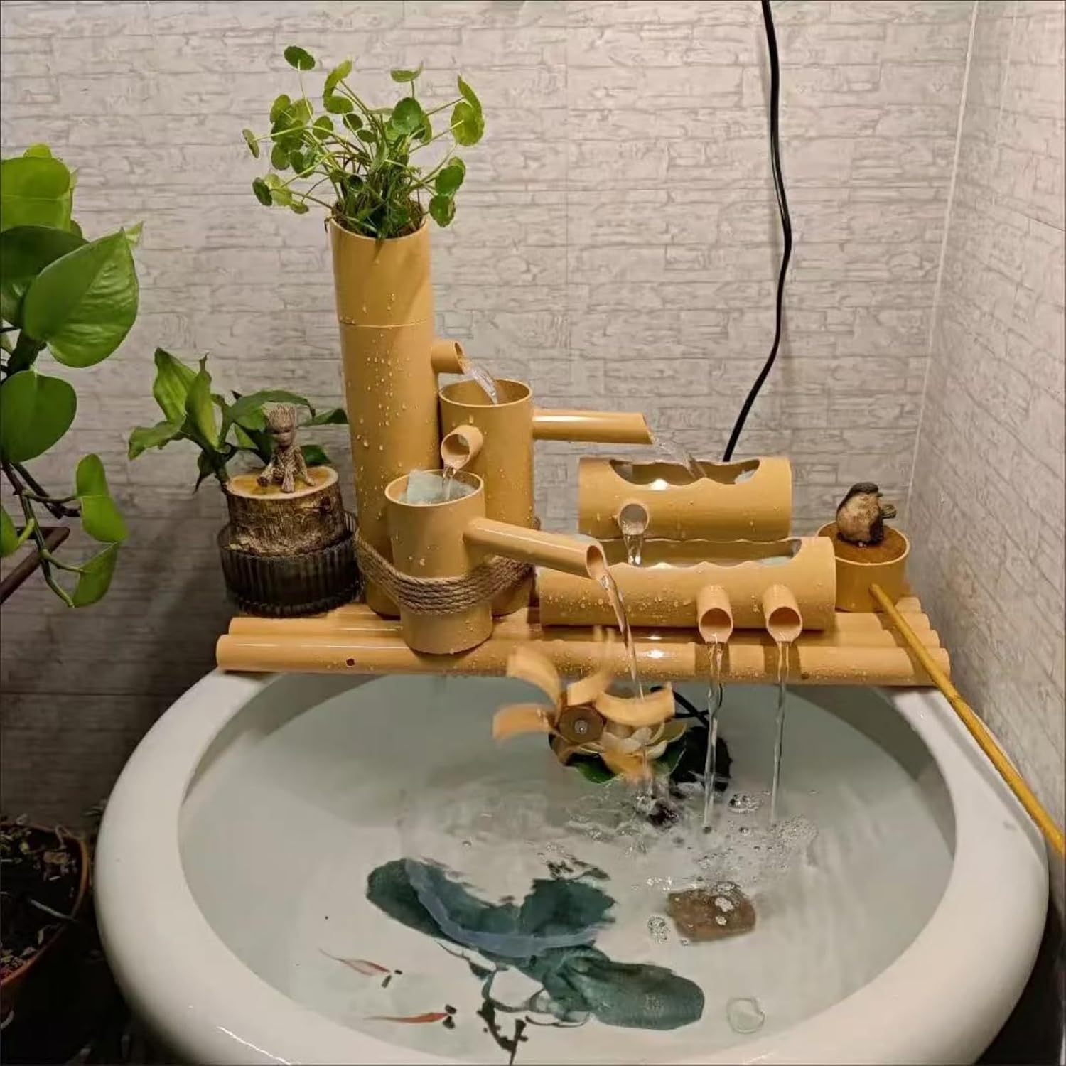 Powered Decorative Cascade Water Fountain,Fountain Japanese Garden Waterfall Nozzle Outdoor Handmade 50cm Length, Traditional Asian Design， Indoor Outdoor Pond Decor，PVC Material
