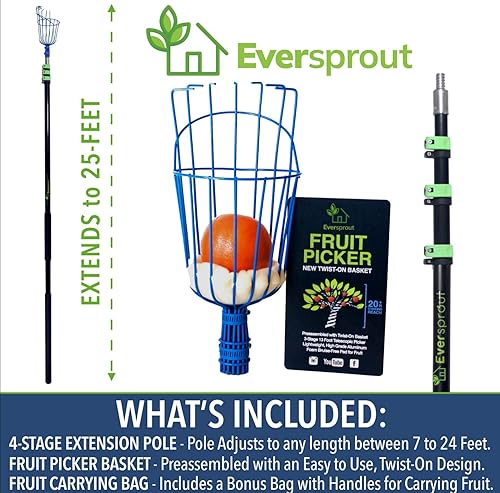 Miniatura 2 de EVERSPROUT Recolector de frutas de 24 pies (alcance de más de 30 pies)  Diseño telescópico de fácil fijación en la cesta  Poste de extensión de