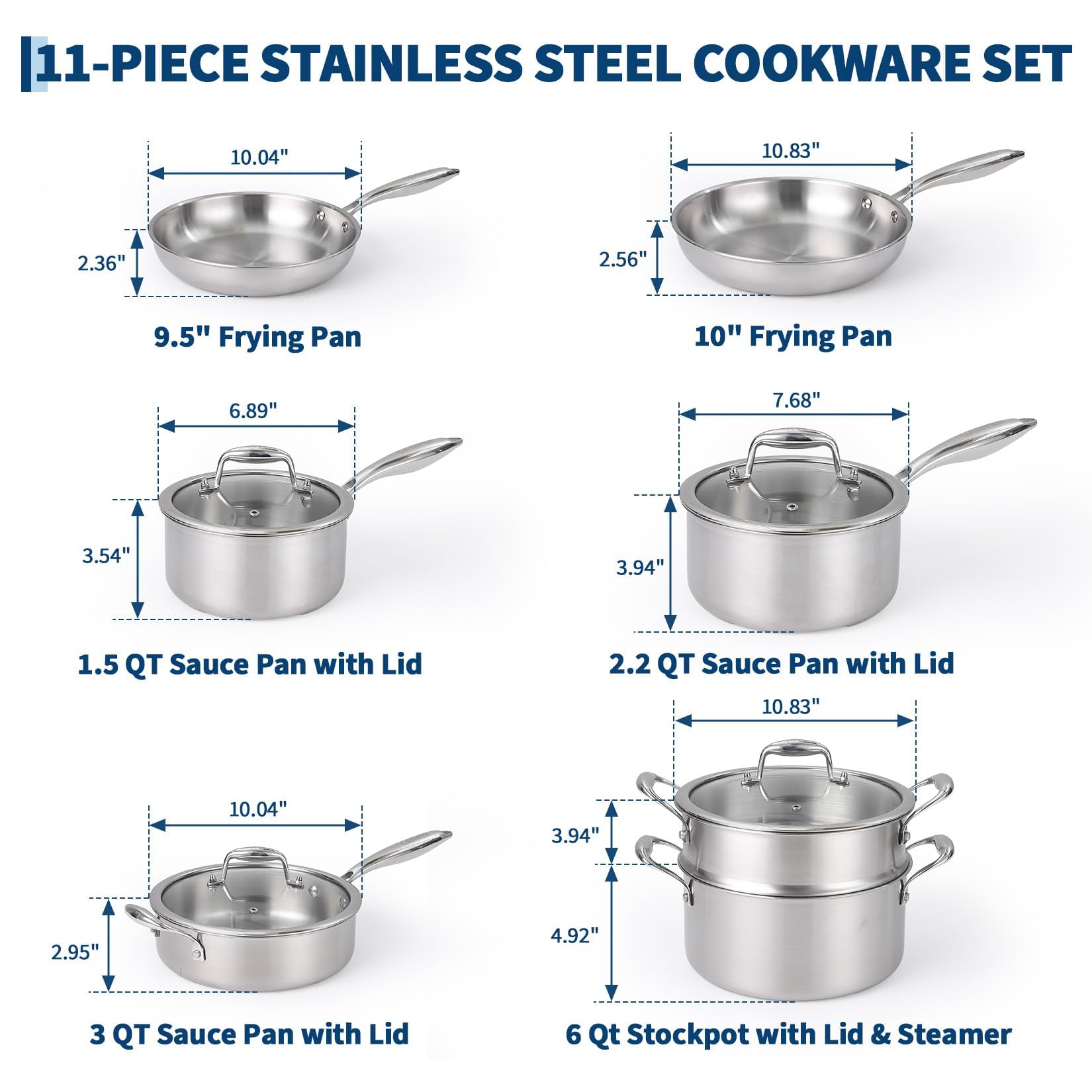 Juego De 11 Piezas De Ollas y Sartenes De Acero Inoxidable De 3 Capas Con Tapas - Juego Profesional De Ollas y Sartenes, Apto Para Inducción, Horno y Lavavajillas.