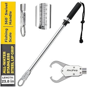 2-in-1 Fish Lip Gripper, 23.8" Stainless Steel Fish Gripper with Scale, 60lb Weighing Fish Grabber, 360 Non-Slip Swivel Handle, Tool for Saltwater & Freshwater